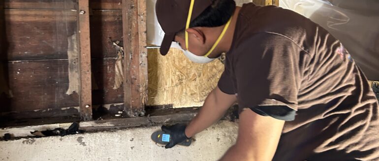 image of a person using a concrete meter to determine the water levels and how dry a structural wall is after water damage