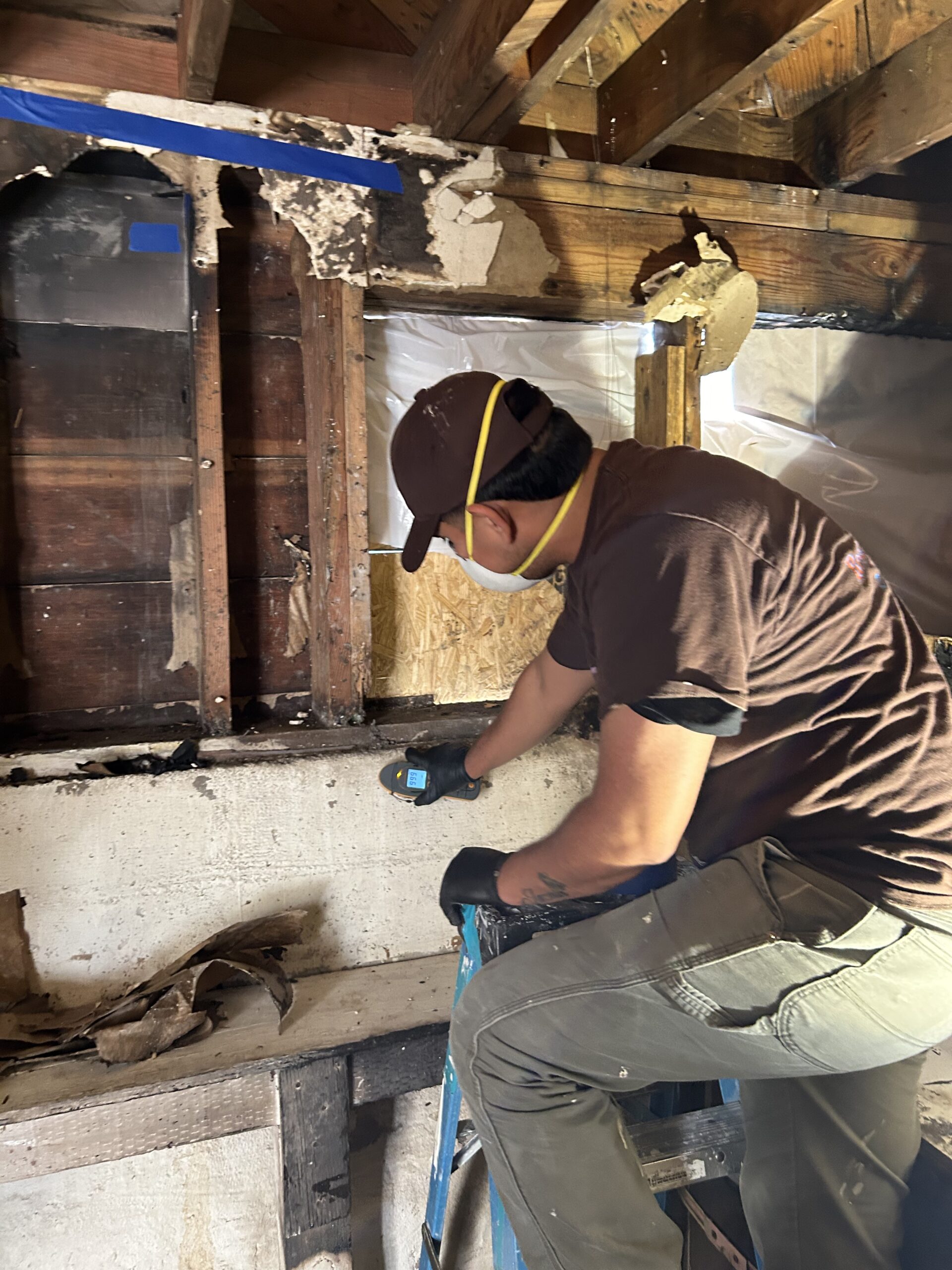 image of a person using a concrete meter to determine the water levels and how dry a structural wall is after water damage