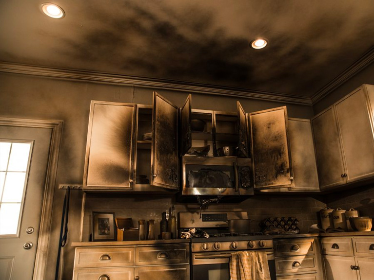 kitchen damaged after a fire in the home